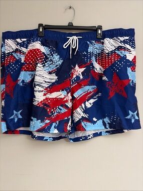 No Boundaries Navy Blue Red White Star Print Swim Trunks